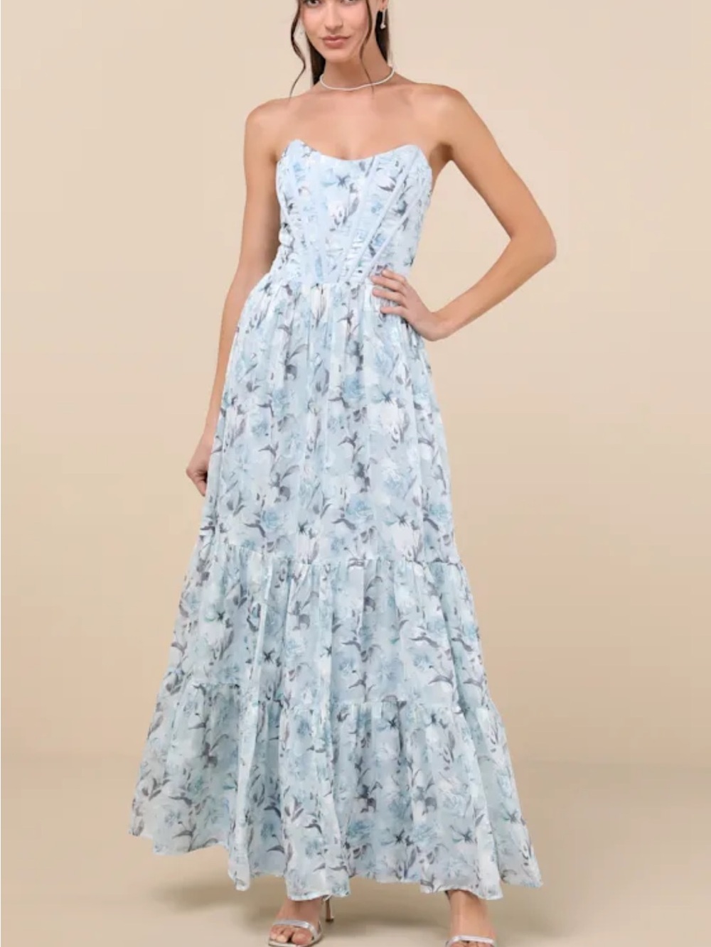 Lulu's Strapless Pale Blue Floral Maxi Dress
